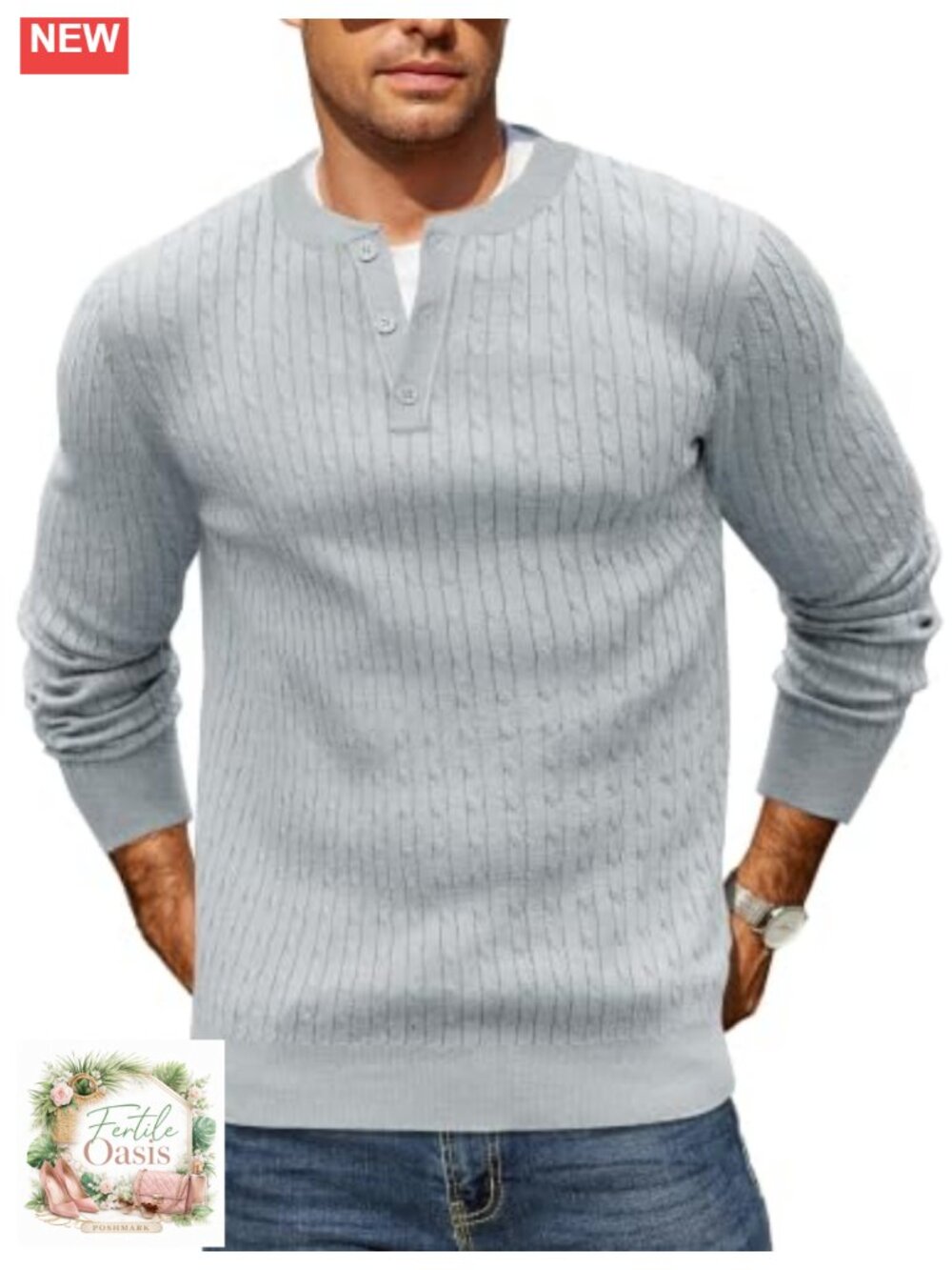 Men's Cable Knit Henley Pullover Sweater, Lightweight Long Sleeve Fall Casual
